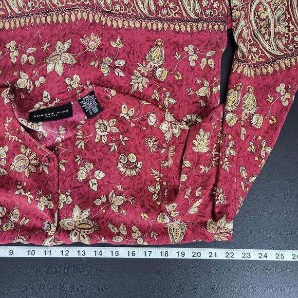 Vtg August Silk Womens Small Petite Button Front 100% Silk Tunic Top Red Floral - Picture 6 of 7